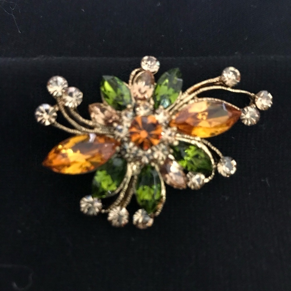 Brooch, Vintage with Orange and Green Glass Stones with Rhinestones.  St…